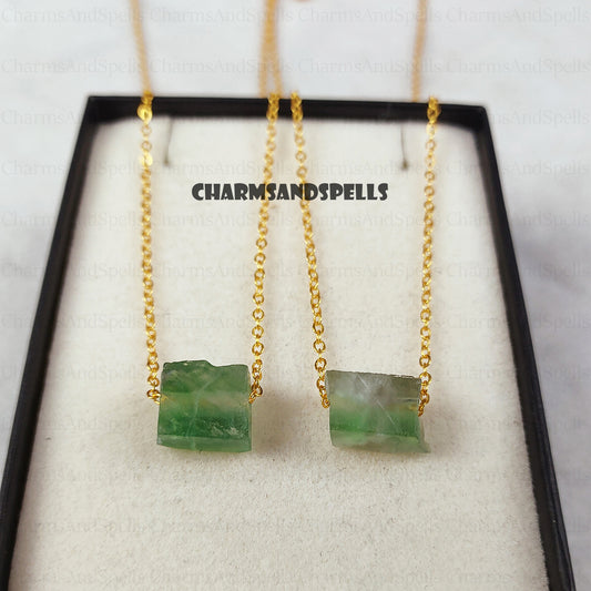 Raw Green Fluorite Pendant Necklace | Handmade Boho Crystal Gemstone Jewelry