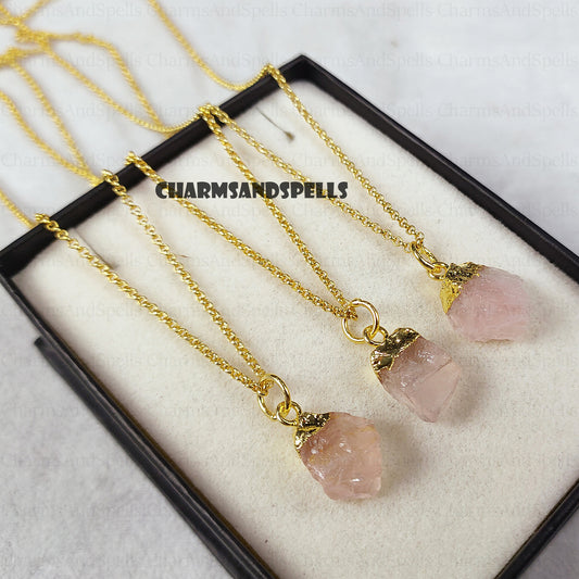 Raw Rose Quartz Pendant Necklace | Crystal Jewelry Layered Necklace
