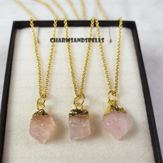 Raw Rose Quartz Pendant Necklace | Crystal Jewelry Layered Necklace