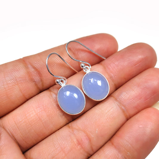 Blue Chalcedony Earrings | 925 Sterling Silver | Cabochon Gemstone Jewelry