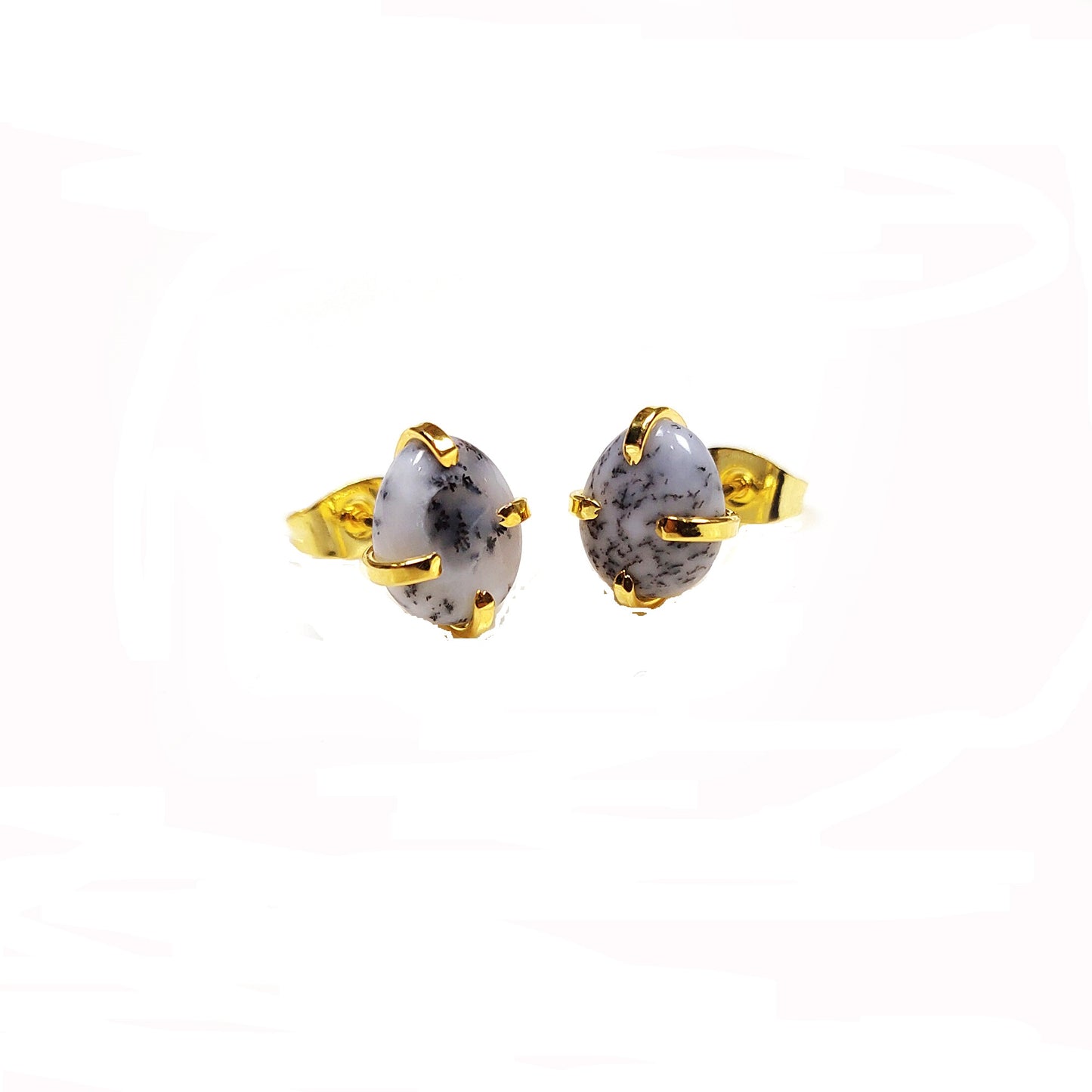 Dendrite Opal Stud Earrings, Oval Dendrite Studs, 925 Sterling Silver Studs, Birthday Earrings, Black and White Gemstone, Handmade Studs