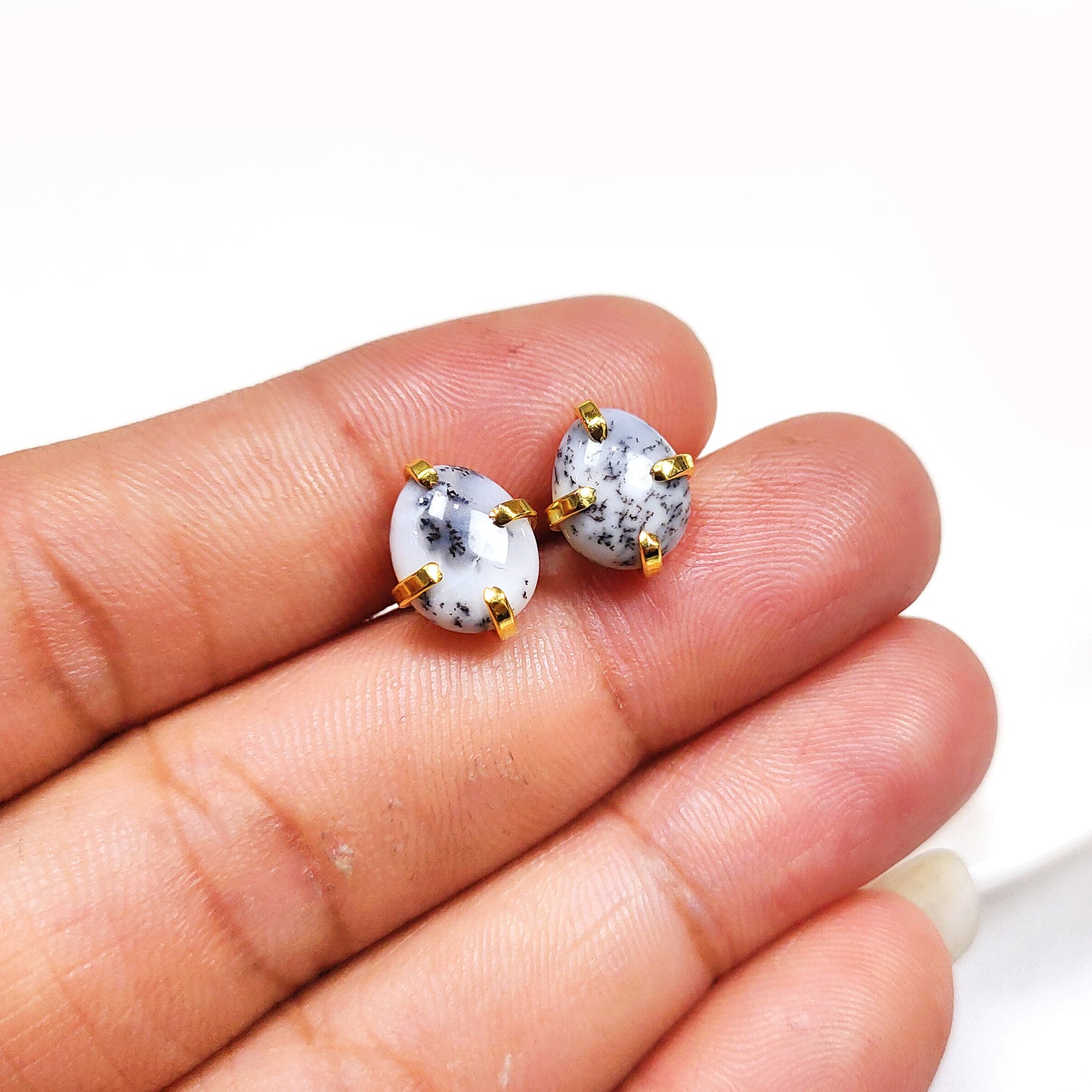 Dendrite Opal Stud Earrings, Oval Dendrite Studs, 925 Sterling Silver Studs, Birthday Earrings, Black and White Gemstone, Handmade Studs