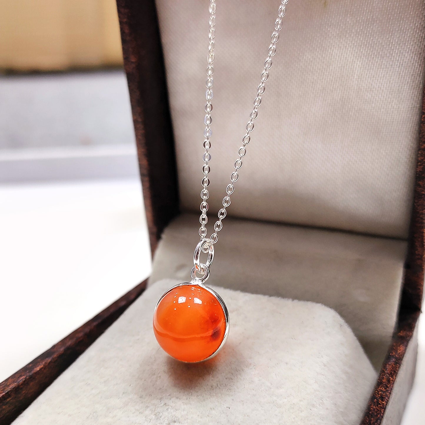 Carnelian Crystal Ball Necklace - 925 Sterling Silver Necklace - Crystal Round Ball Necklace - Healing Crystal Jewelry, Gift For Her