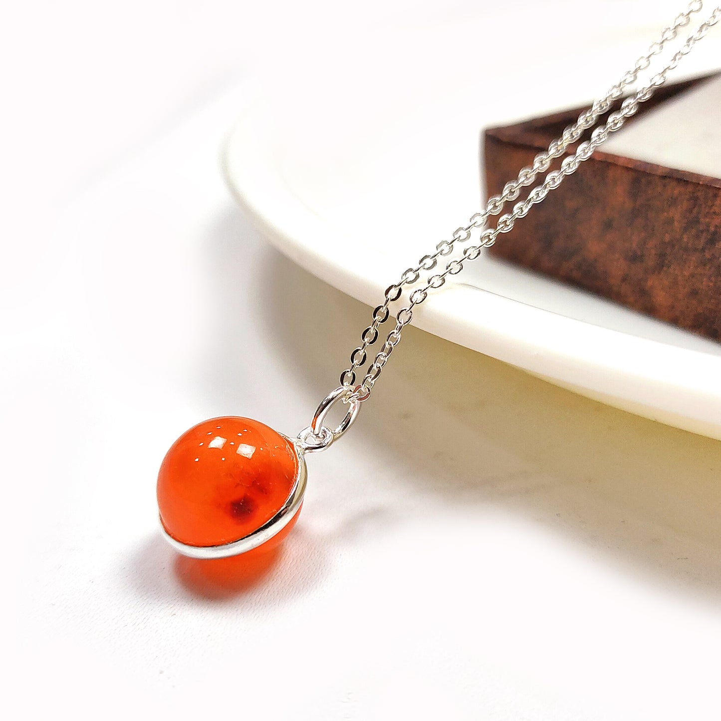Carnelian Crystal Ball Necklace - 925 Sterling Silver Necklace - Crystal Round Ball Necklace - Healing Crystal Jewelry, Gift For Her