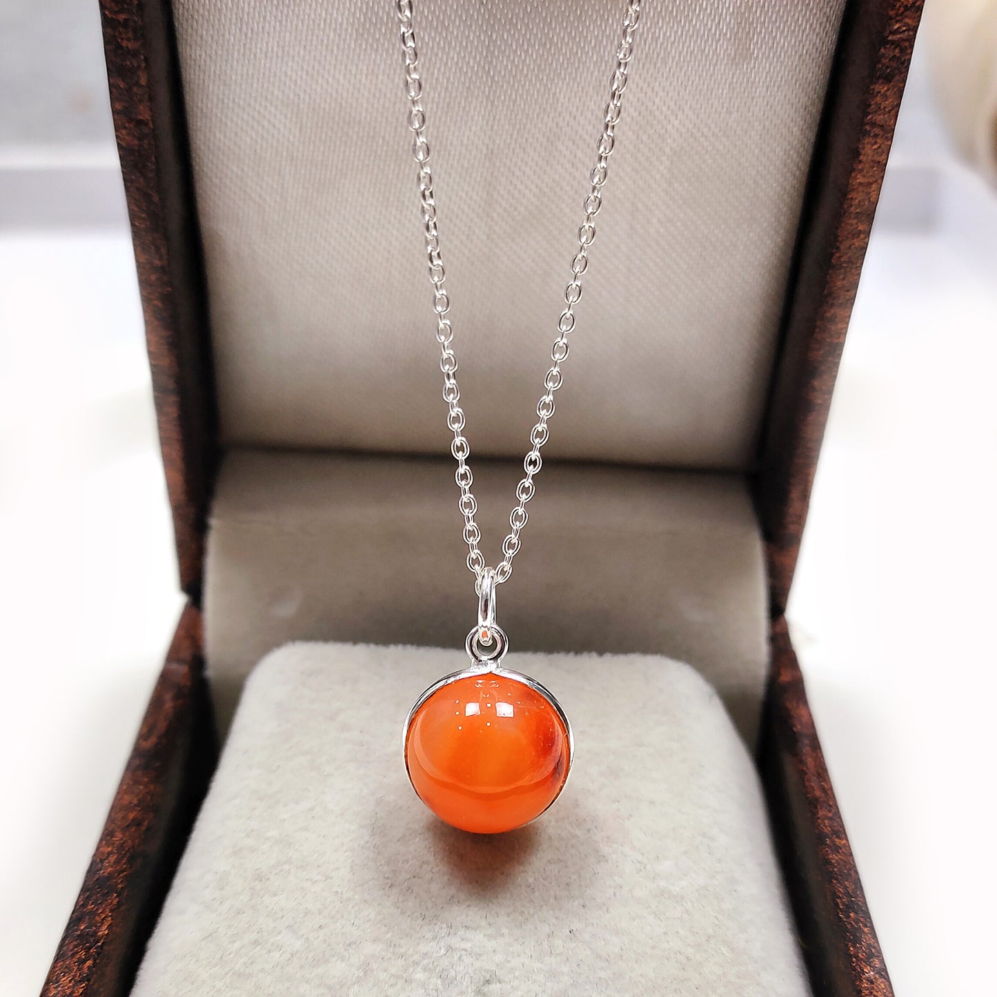 Carnelian Crystal Ball Necklace - 925 Sterling Silver Necklace - Crystal Round Ball Necklace - Healing Crystal Jewelry, Gift For Her