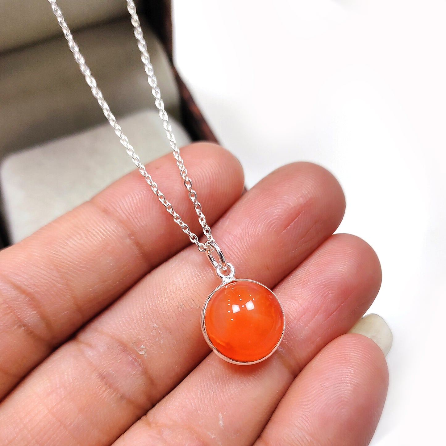 Carnelian Crystal Ball Necklace - 925 Sterling Silver Necklace - Crystal Round Ball Necklace - Healing Crystal Jewelry, Gift For Her