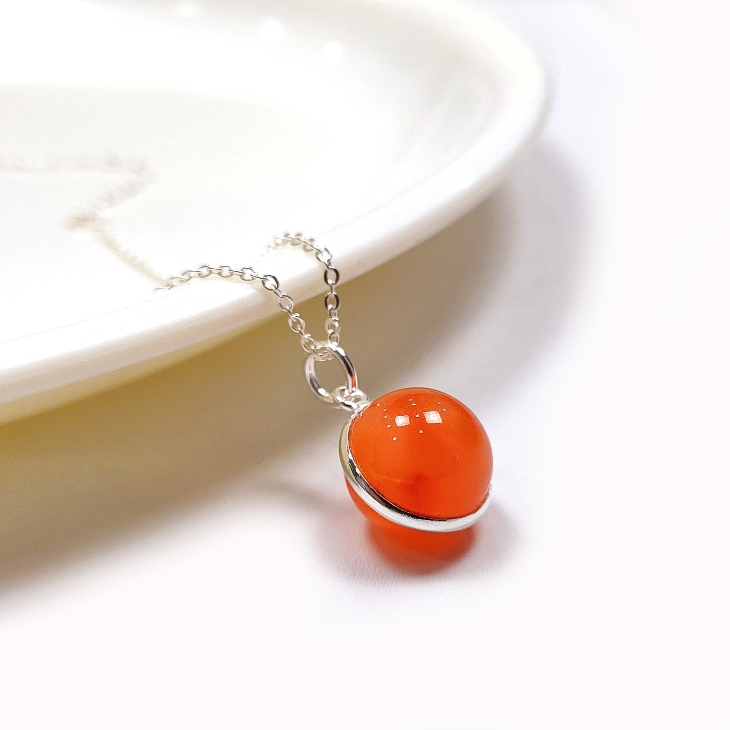 Carnelian Crystal Ball Necklace - 925 Sterling Silver Necklace - Crystal Round Ball Necklace - Healing Crystal Jewelry, Gift For Her