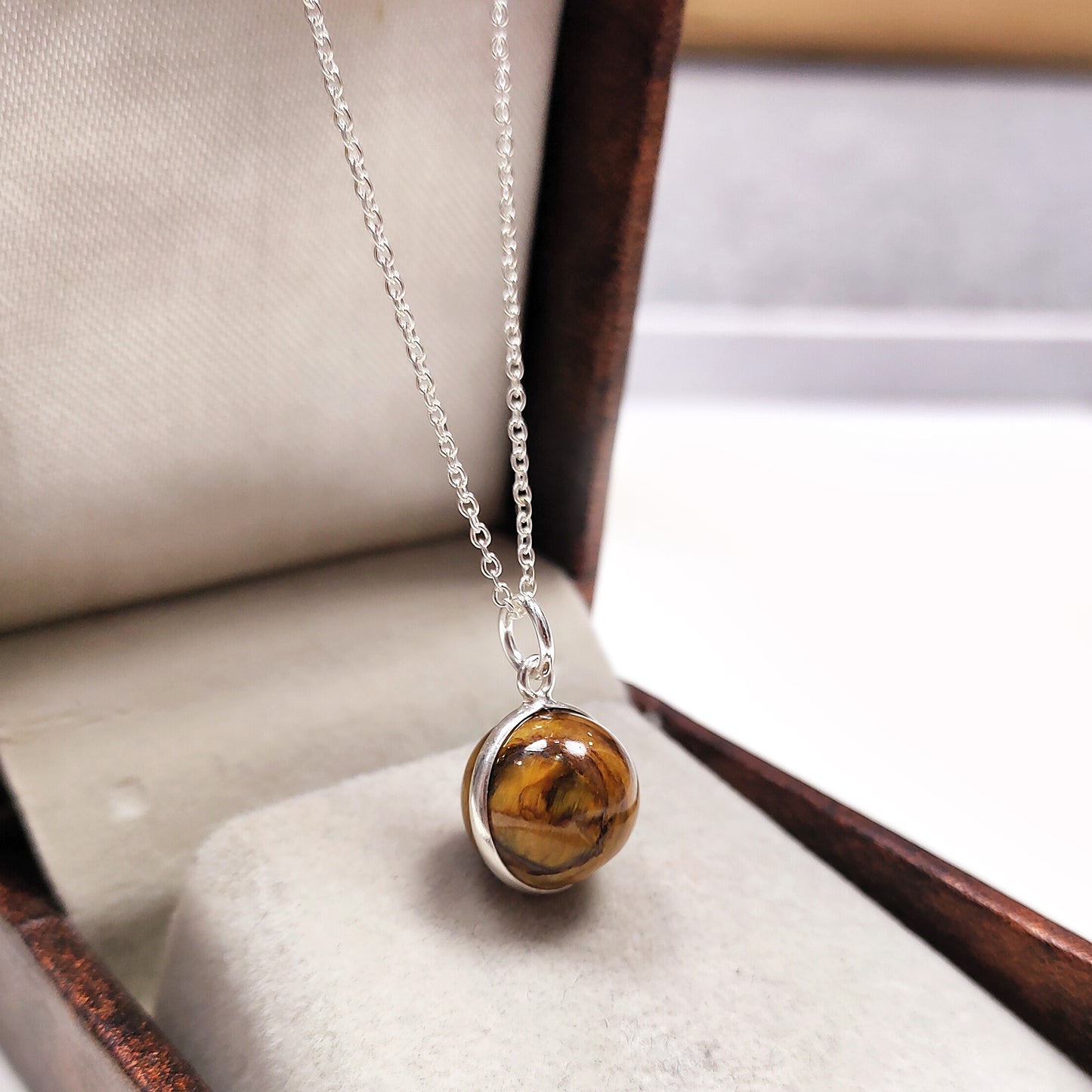 Tiger Eye Ball Necklace, 925 Silver Crystal Pendant, Wedding & Gift Jewelry for Her