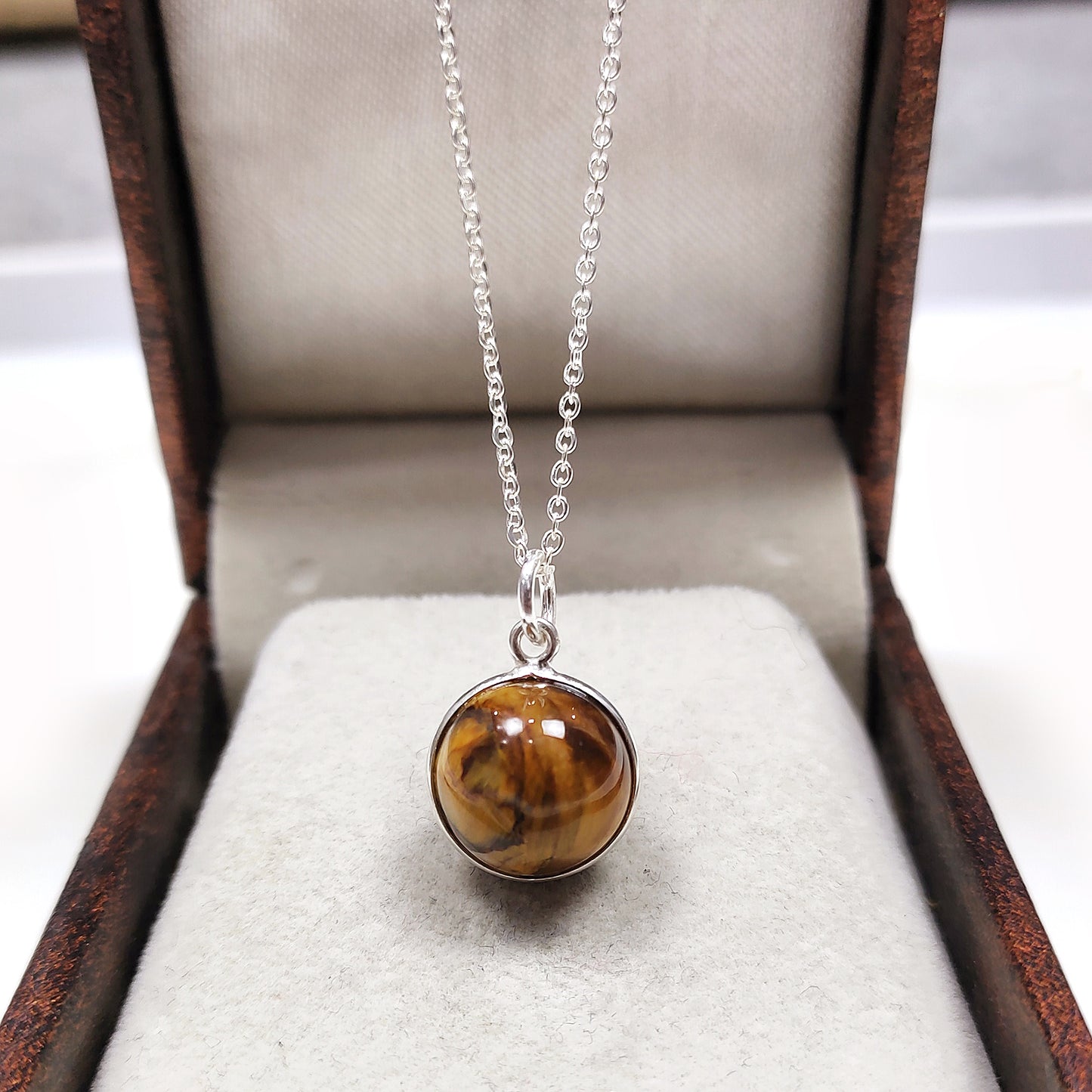 Tiger Eye Ball Necklace, 925 Silver Crystal Pendant, Wedding & Gift Jewelry for Her