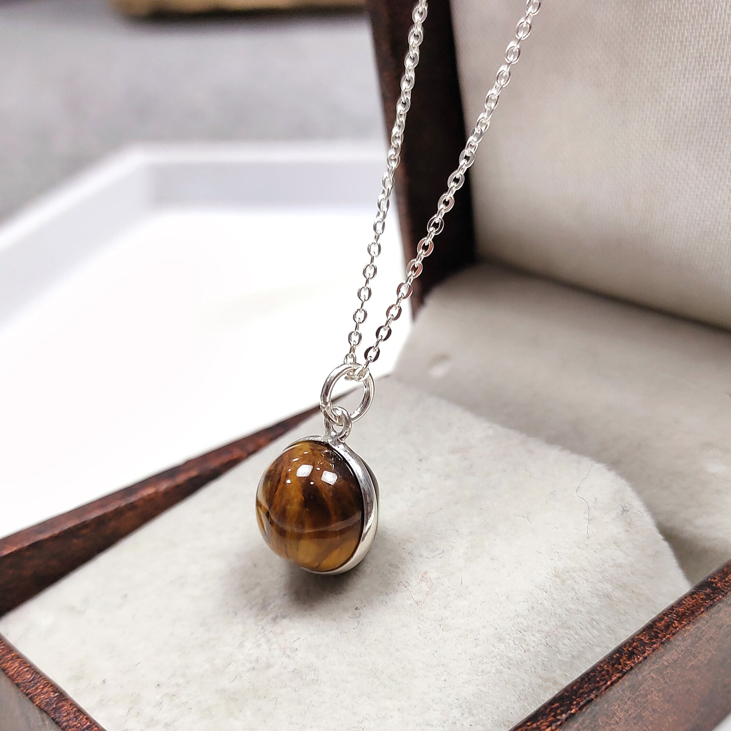Tiger Eye Ball Necklace, 925 Silver Crystal Pendant, Wedding & Gift Jewelry for Her