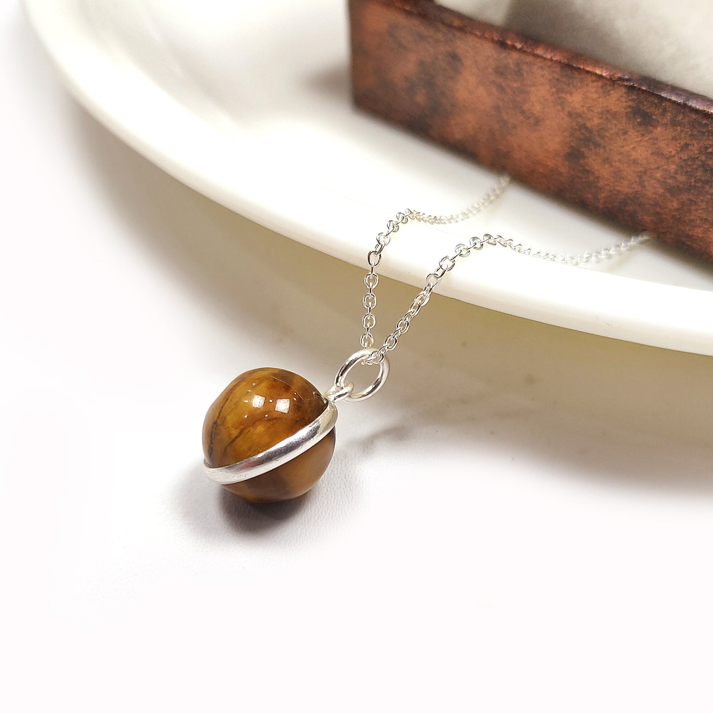 Tiger Eye Ball Necklace, 925 Silver Crystal Pendant, Wedding & Gift Jewelry for Her