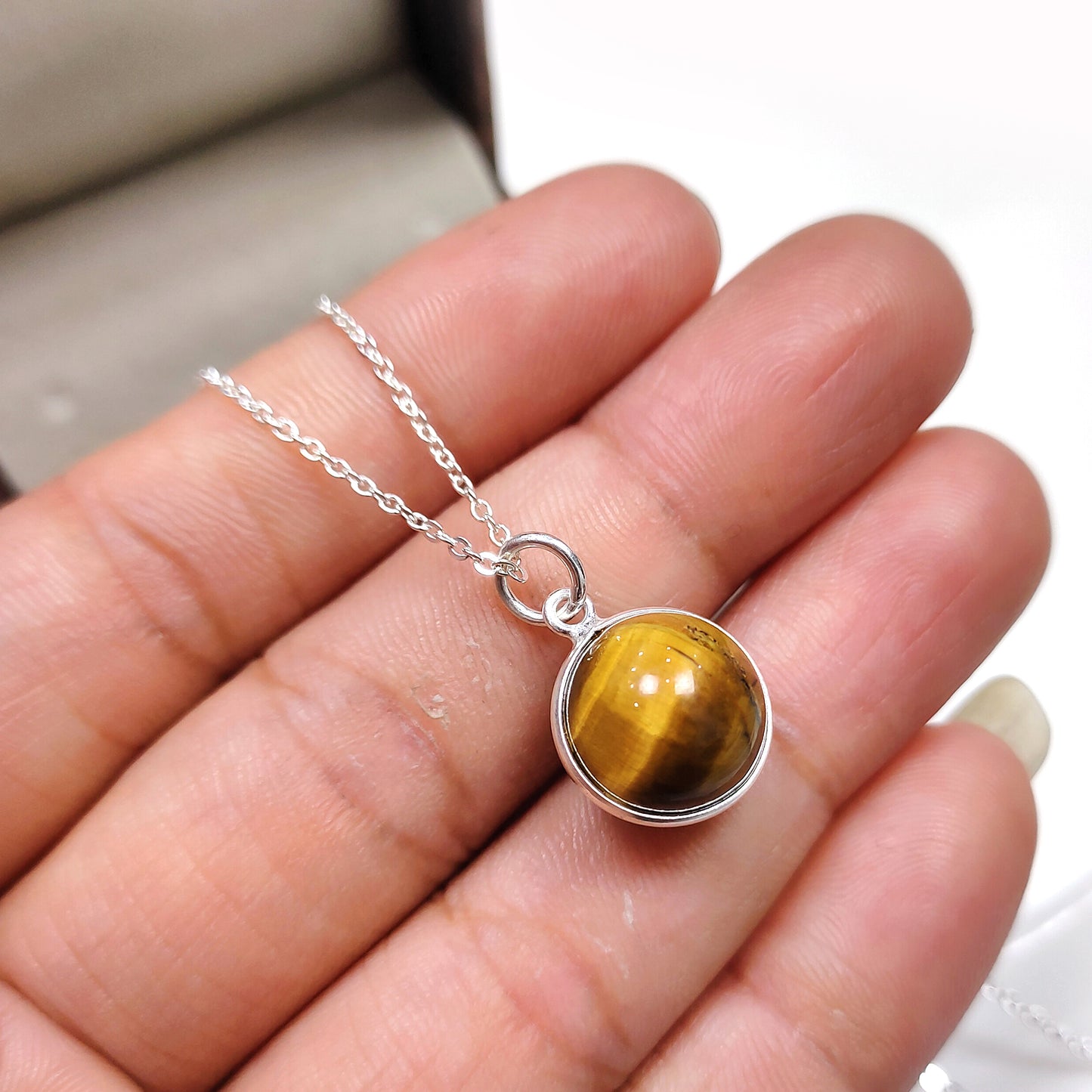 Tiger Eye Ball Necklace, 925 Silver Crystal Pendant, Wedding & Gift Jewelry for Her