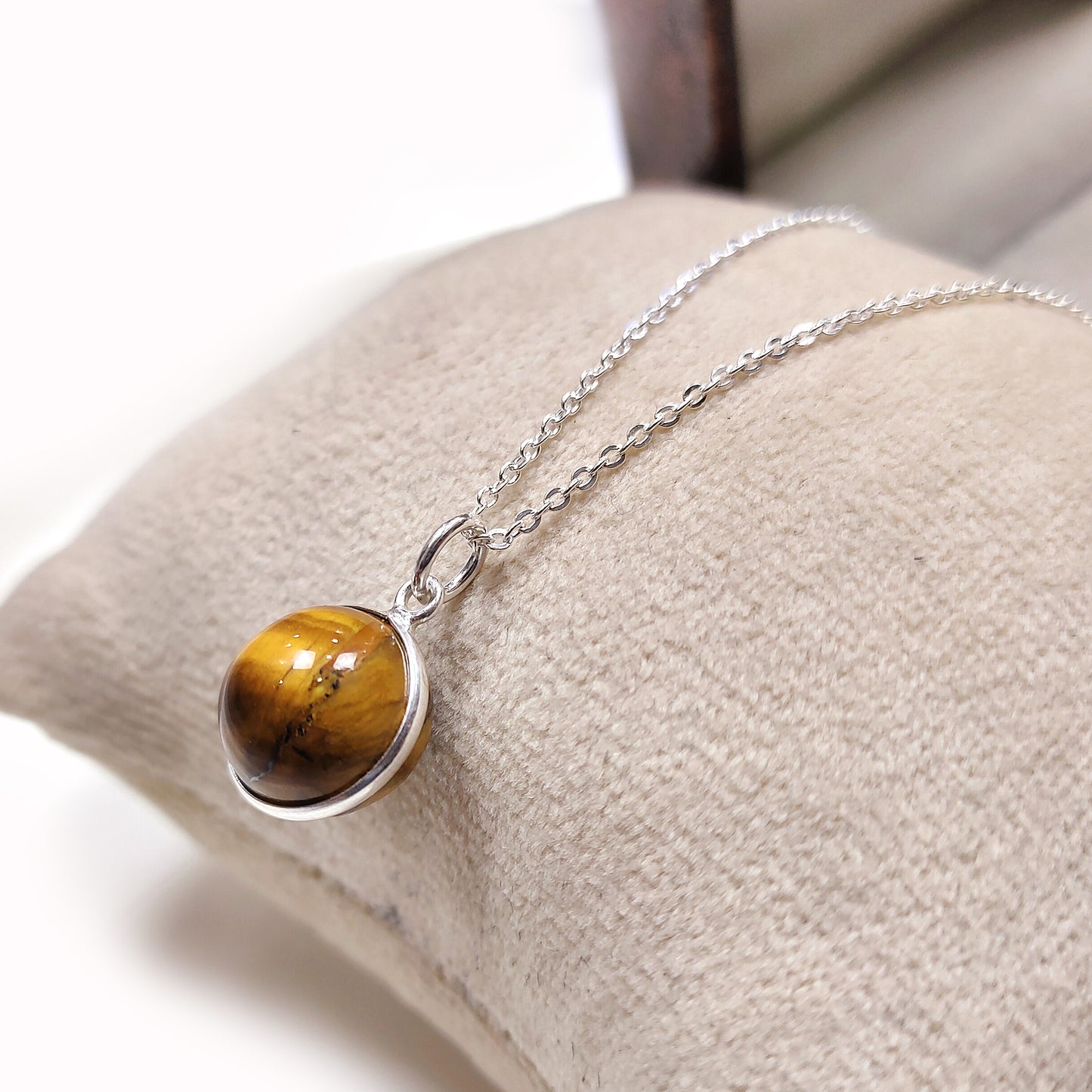Tiger Eye Ball Necklace, 925 Silver Crystal Pendant, Wedding & Gift Jewelry for Her