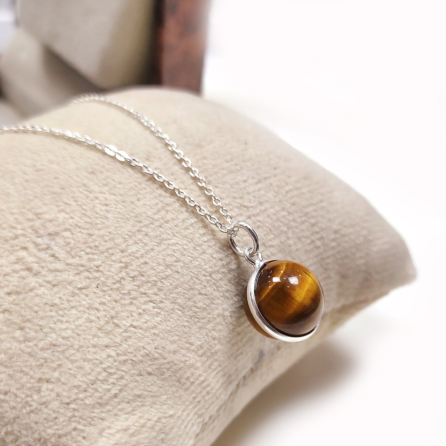 Tiger Eye Ball Necklace, 925 Silver Crystal Pendant, Wedding & Gift Jewelry for Her