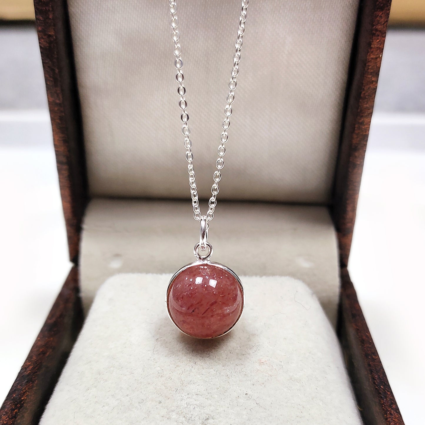 Strawberry Quartz Crystal Ball Pendant Necklace, 925 Silver Gemstone Jewelry Gift