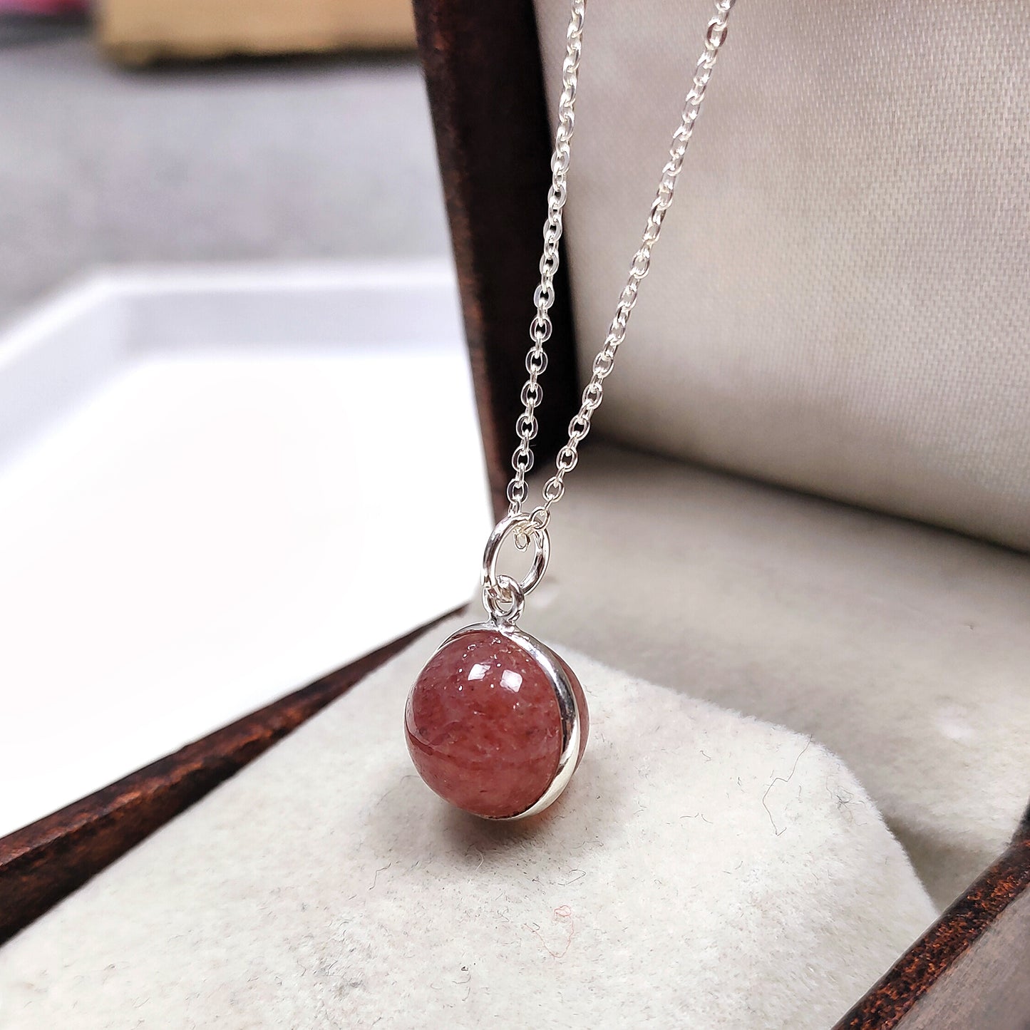 Strawberry Quartz Crystal Ball Pendant Necklace, 925 Silver Gemstone Jewelry Gift