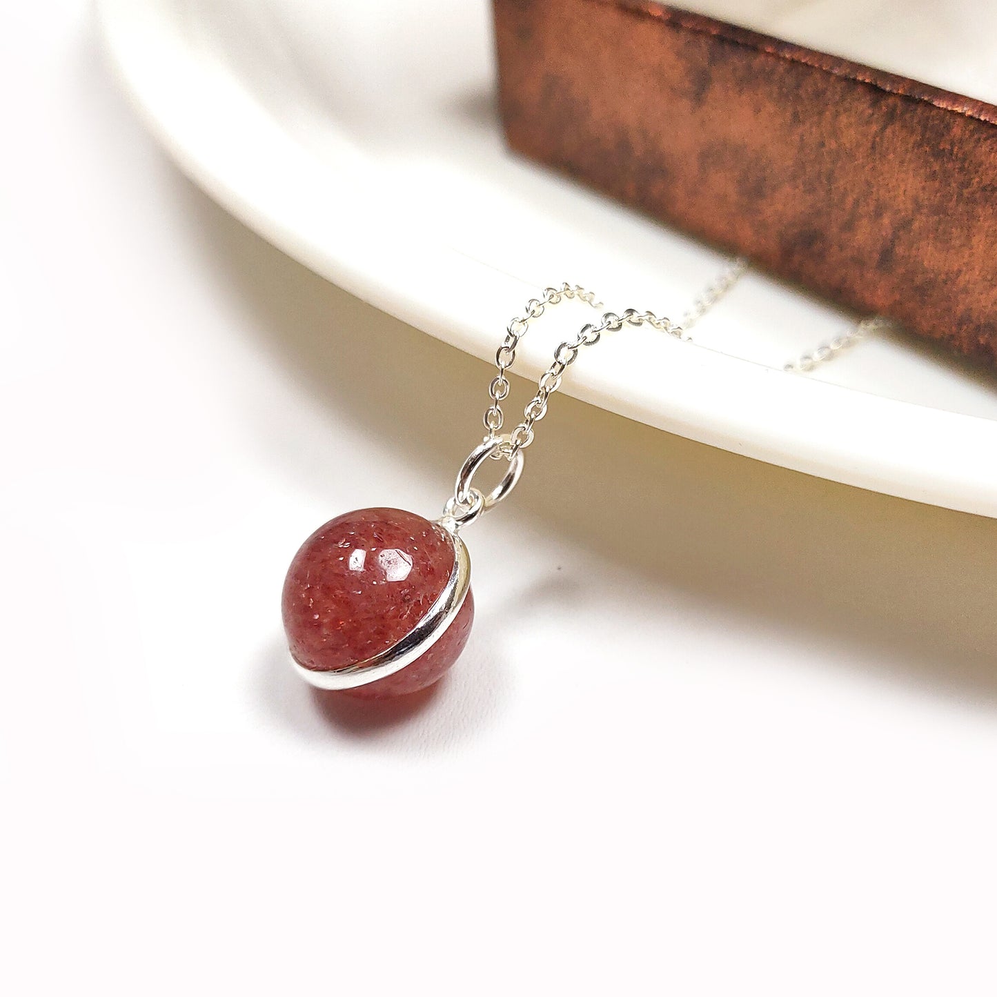 Strawberry Quartz Crystal Ball Pendant Necklace, 925 Silver Gemstone Jewelry Gift