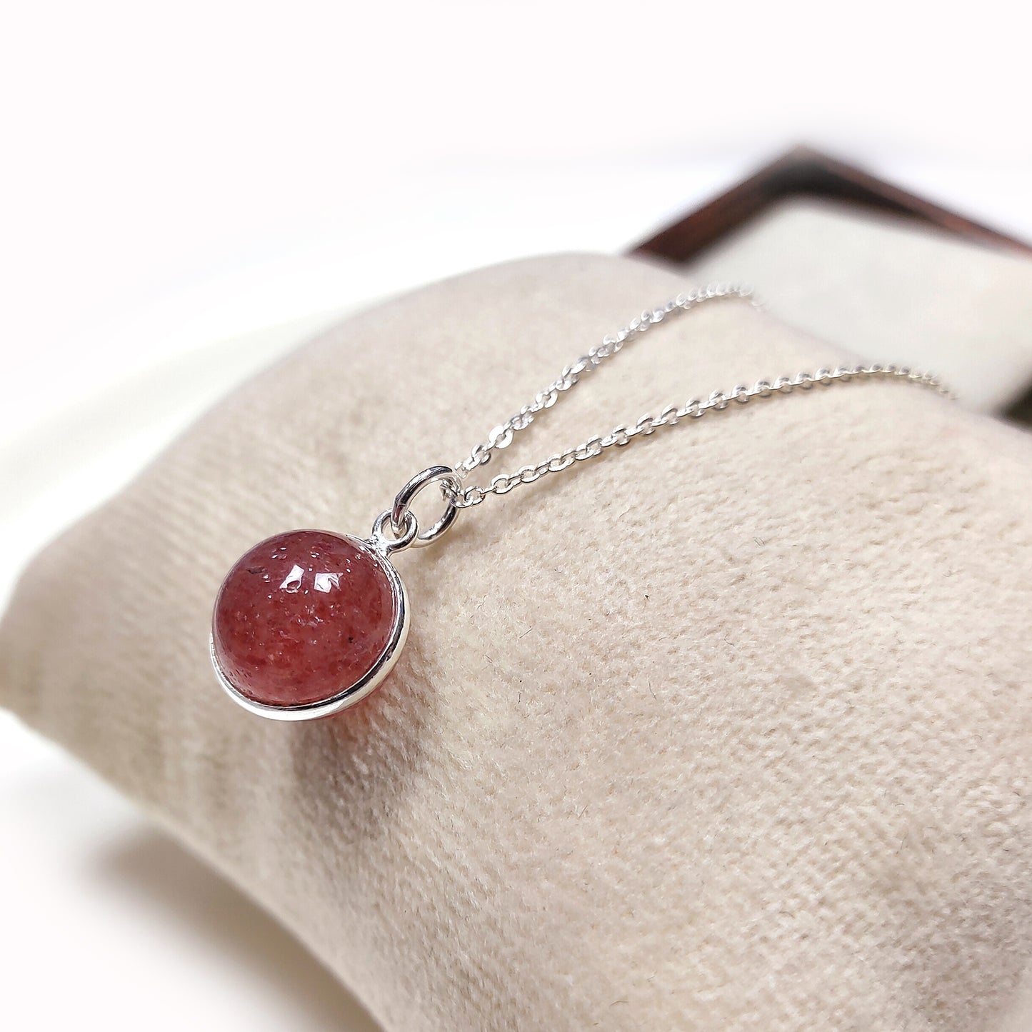 Strawberry Quartz Crystal Ball Pendant Necklace, 925 Silver Gemstone Jewelry Gift