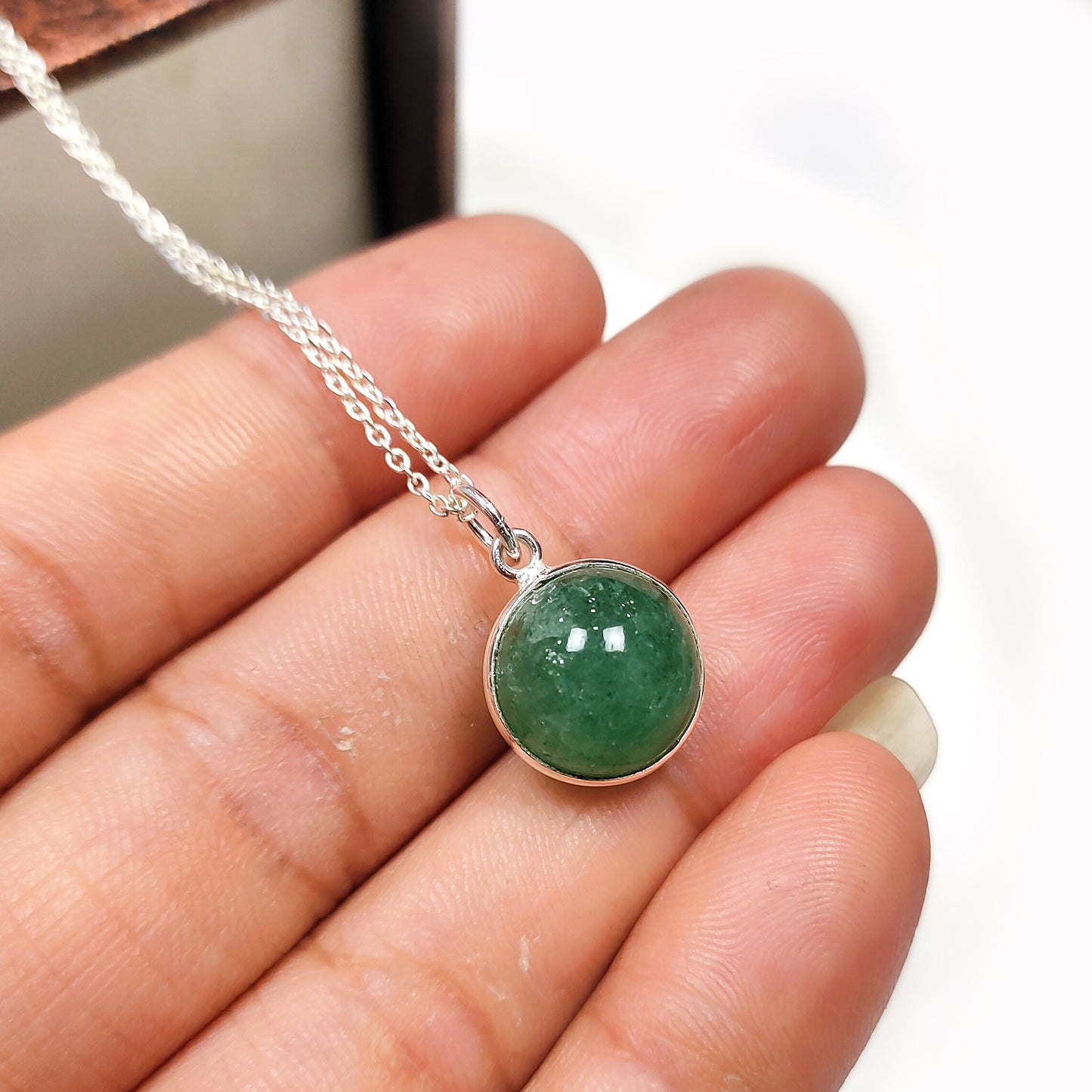 Green Strawberry Smooth Ball Necklace, Natural Green Strawberry Round Shape Necklace AA Quality, 925 Sterling Silver Necklace, Gift For Her