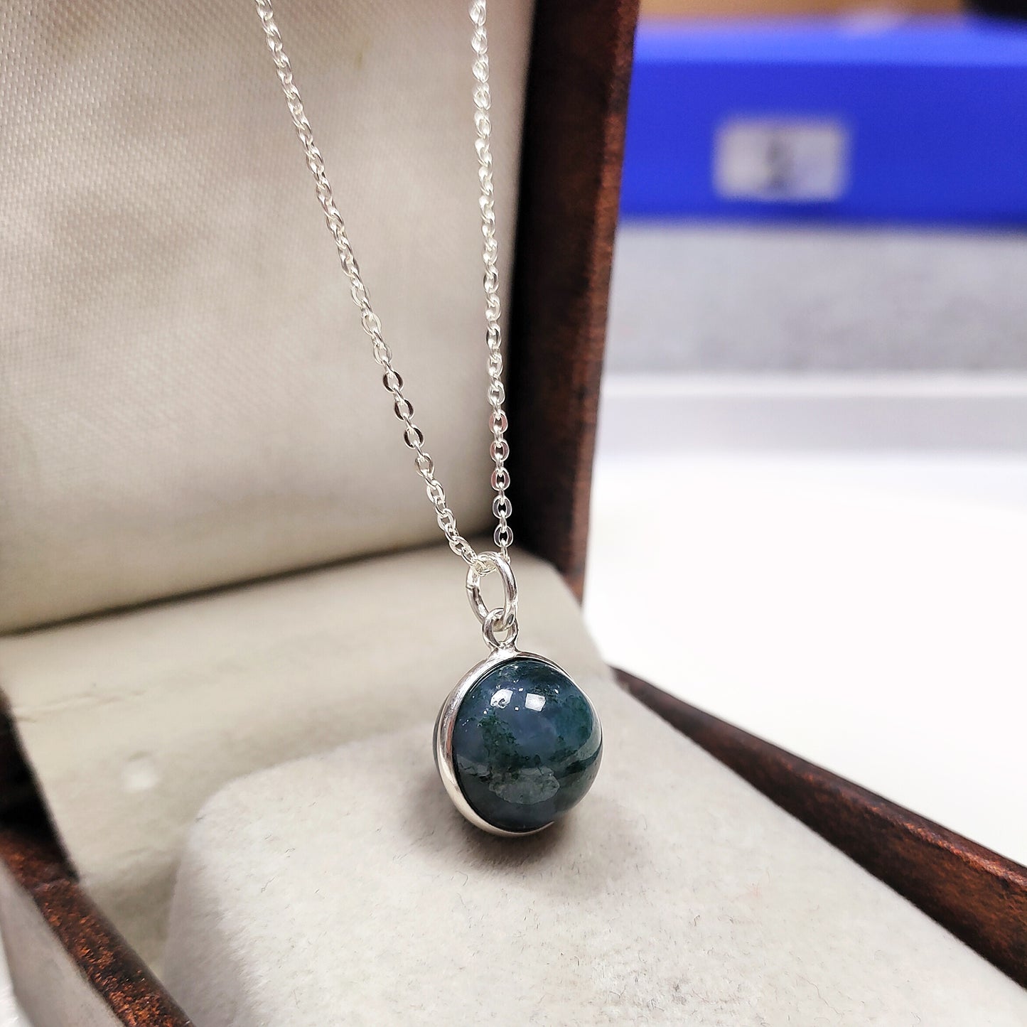 Natural Moss Agate Ball Necklace, Solid 925 Sterling Silver Jewelry, Green Agate Ball Pendant, Healing Jewelry for Women, Gift For Her