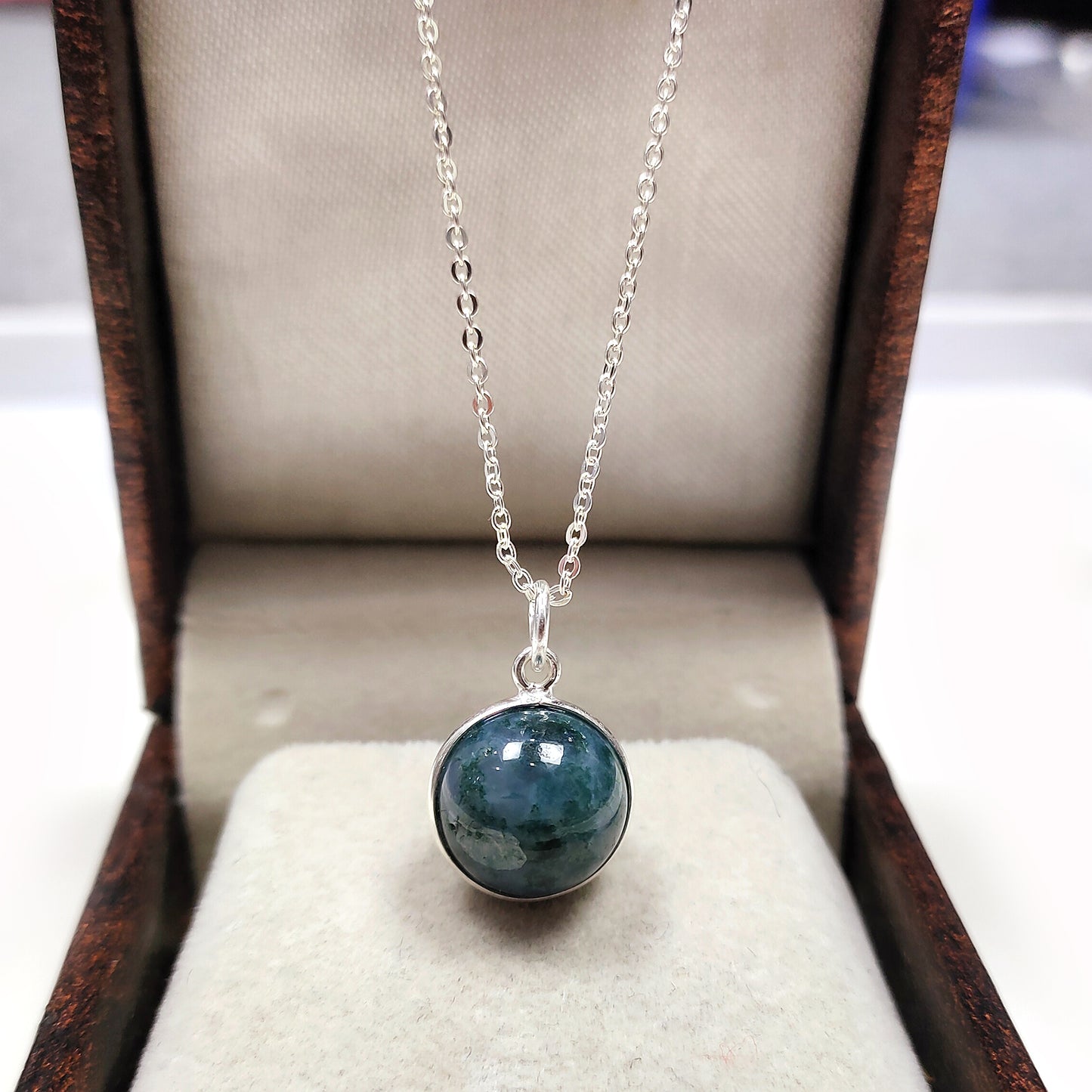 Natural Moss Agate Ball Necklace, Solid 925 Sterling Silver Jewelry, Green Agate Ball Pendant, Healing Jewelry for Women, Gift For Her