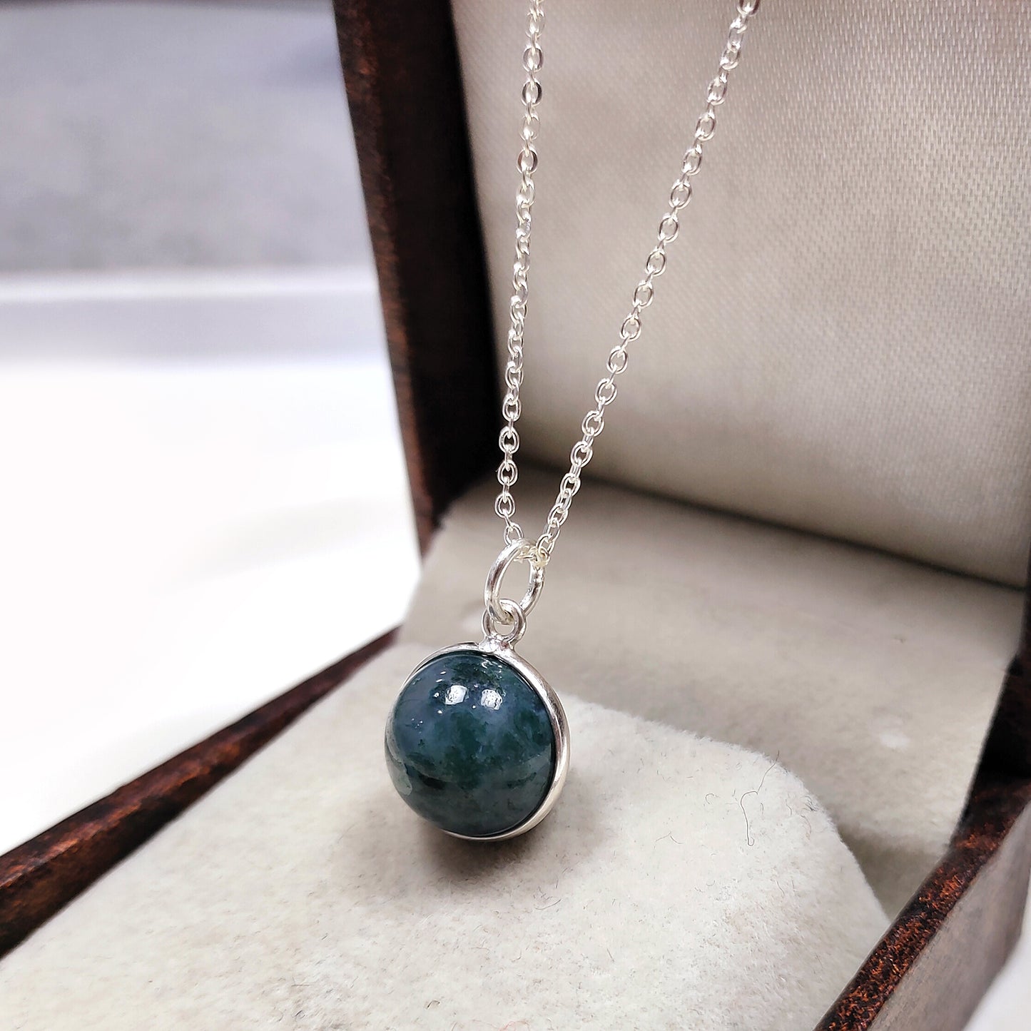 Natural Moss Agate Ball Necklace, Solid 925 Sterling Silver Jewelry, Green Agate Ball Pendant, Healing Jewelry for Women, Gift For Her