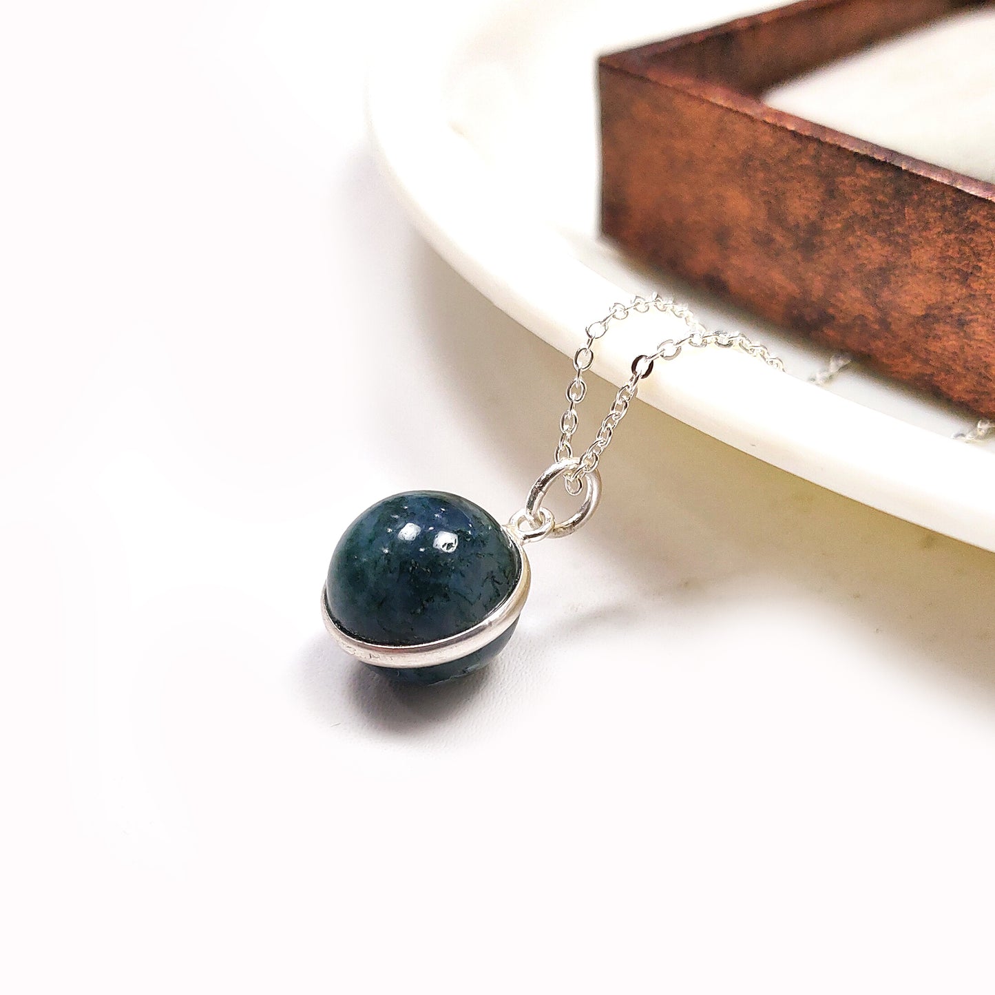 Natural Moss Agate Ball Necklace, Solid 925 Sterling Silver Jewelry, Green Agate Ball Pendant, Healing Jewelry for Women, Gift For Her
