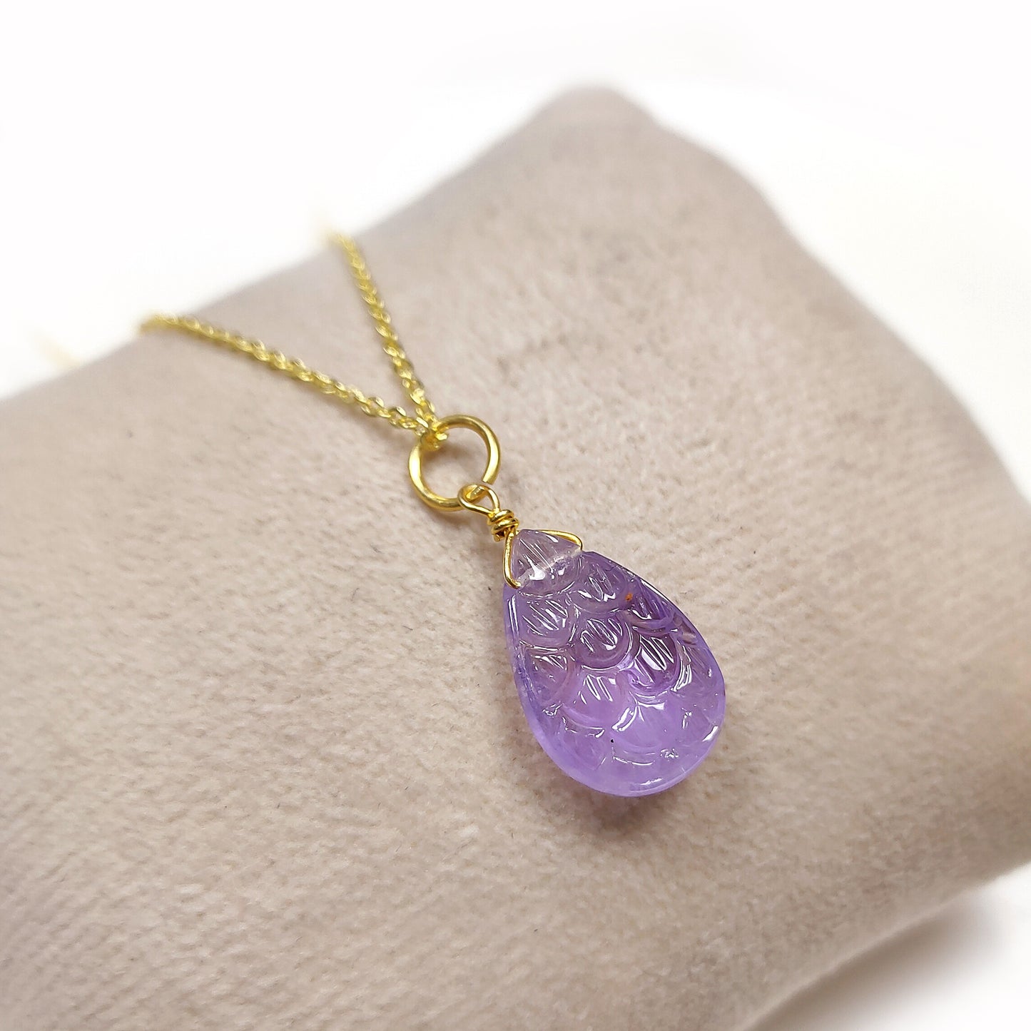 Amethyst Carved Necklace, February Birthstone, 925 Sterling Silver Teardrop Necklace, Wedding Necklace, Summer Necklace, Gift For Her