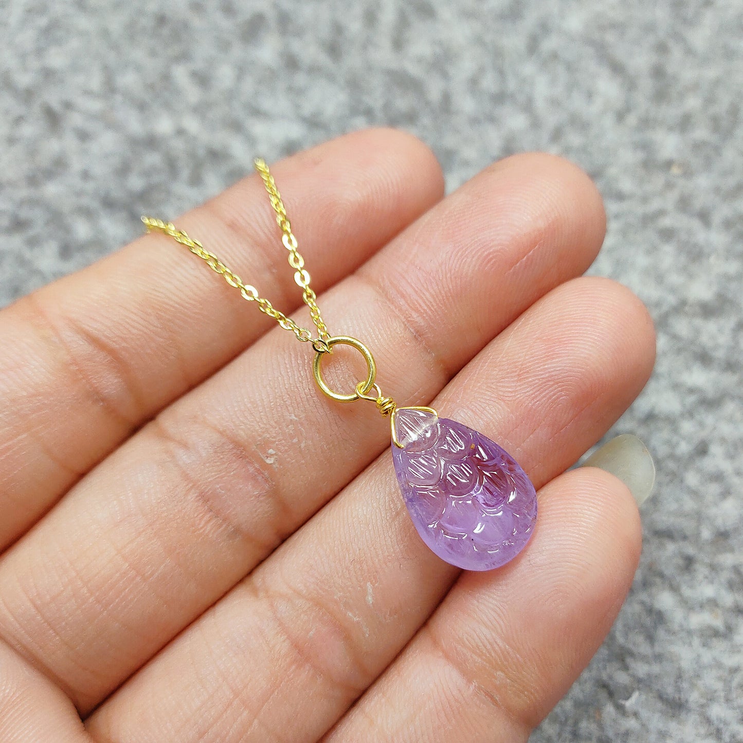 Amethyst Carved Necklace, February Birthstone, 925 Sterling Silver Teardrop Necklace, Wedding Necklace, Summer Necklace, Gift For Her