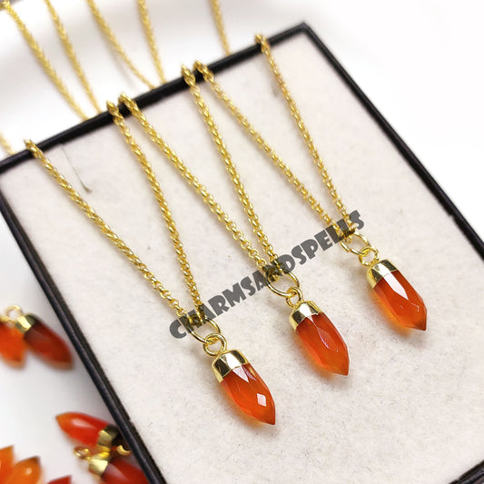 Natural Carnelian Pencil Pendant Necklace | 14K Gold Plated Boho Gemstone Jewelry