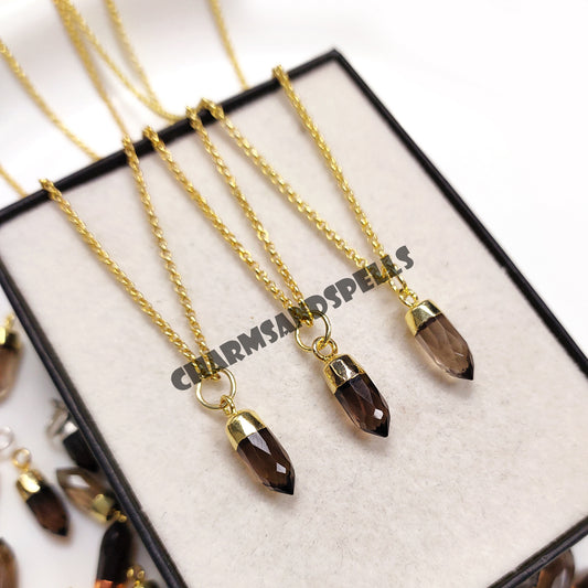 Smoky Quartz Pencil Pendant Necklace | 14K Gold Plated Minimalist Gemstone Jewelry
