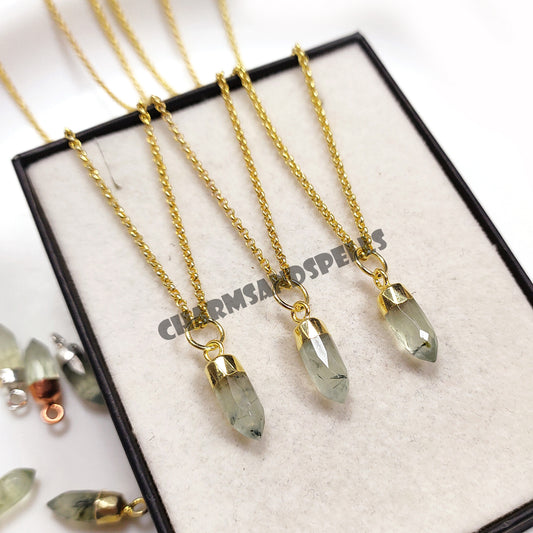 Prehnite Pencil Pendant Necklace | 14K Gold Plated Gemstone Jewelry