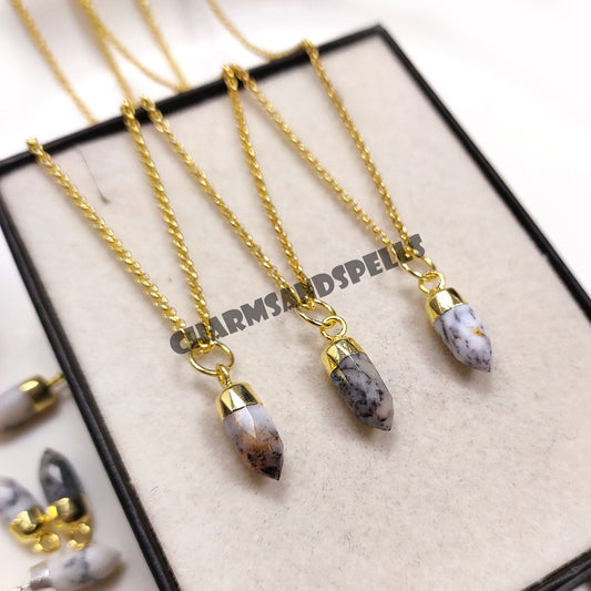 Dendrite Opal Pencil Pendant Necklace | 14K Gold Plated Handmade Gemstone Jewelry