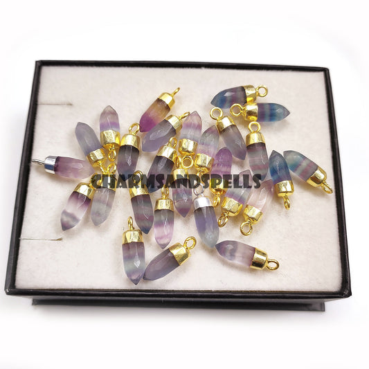 Natural Fluorite Pencil Pendant Necklace | 14K Gold Plated Crystal Healing Jewelry