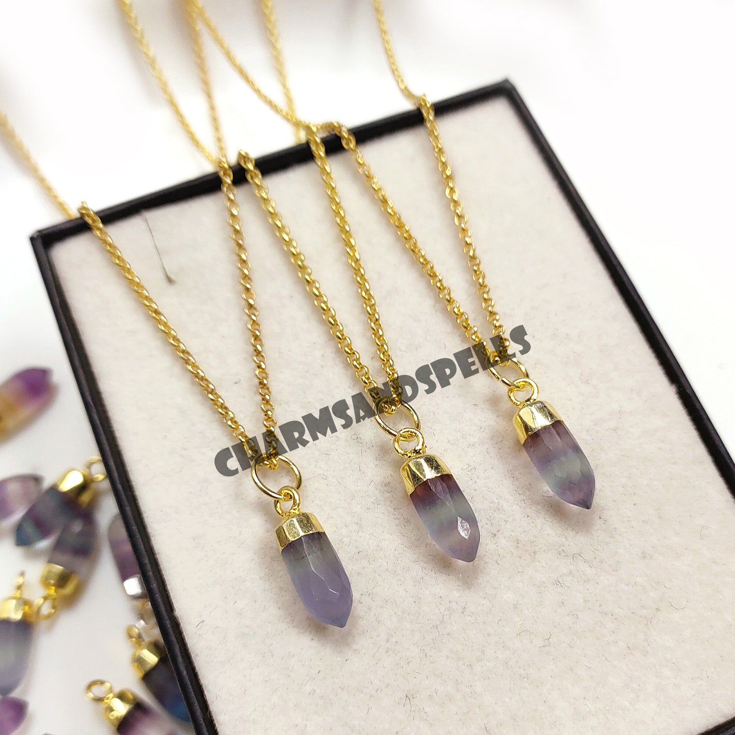 Natural Fluorite Pencil Pendant, Fluorite Spike Necklace, Fluorite Crystal, 14K Gold Plated Necklace, Birthday Gift, Wedding Gift, Gift Her