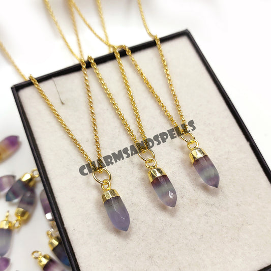 Natural Fluorite Pencil Pendant Necklace | 14K Gold Plated Crystal Healing Jewelry