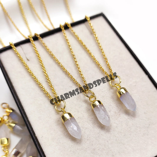 Natural Rainbow Moonstone Pencil Pendant Necklace | Birthstone Jewelry