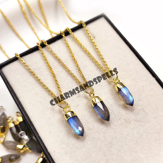 Flashy Labradorite Pencil Pendant Necklace | 14K Gold Plated Blue Fire Gemstone