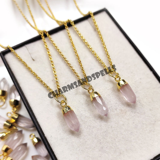 Rose Quartz Pencil Pendant Necklace | 14K Gold Plated Crystal Point Healing Jewelry