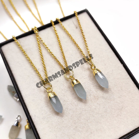 Aquamarine Pencil Pendant Necklace | 14K Gold Plated Natural Crystal Jewelry