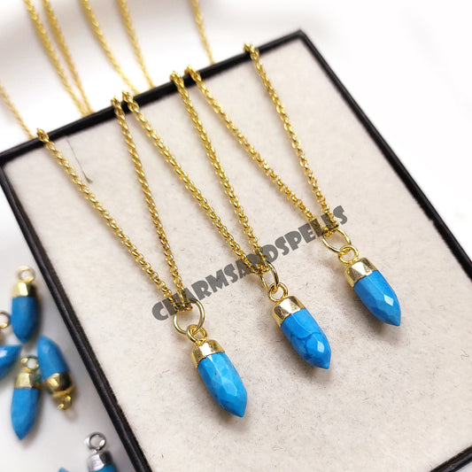 Blue Turquoise Pencil Necklace, 14K Gold Plated Handmade Jewelry
