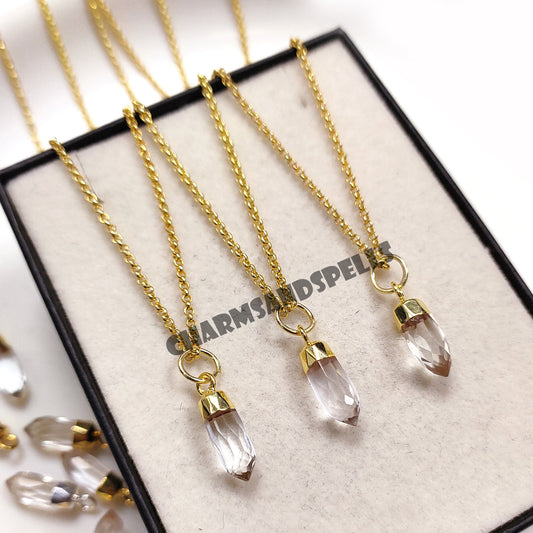 Crystal Quartz Pencil Necklace, 14K Gold Plated Pendant, Handmade Jewelry