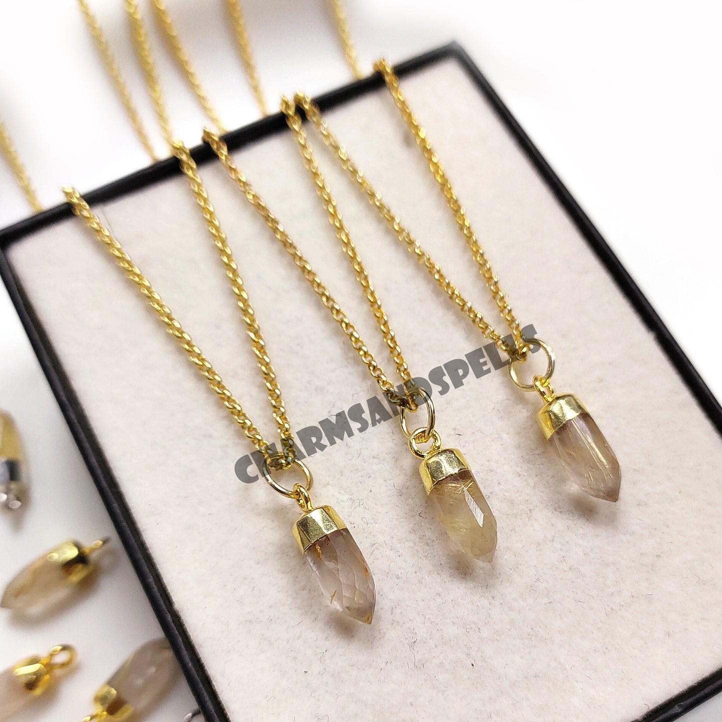 Golden Rutile Point Pendant Necklace, 14K Gold Plated Gemstone Jewelry