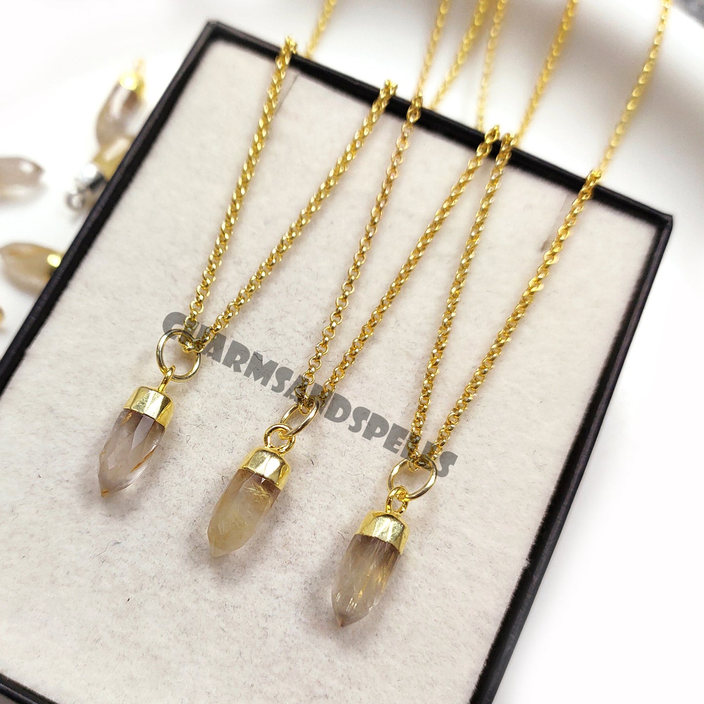 Golden Rutile Point Pendant Necklace, 14K Gold Plated Gemstone Jewelry