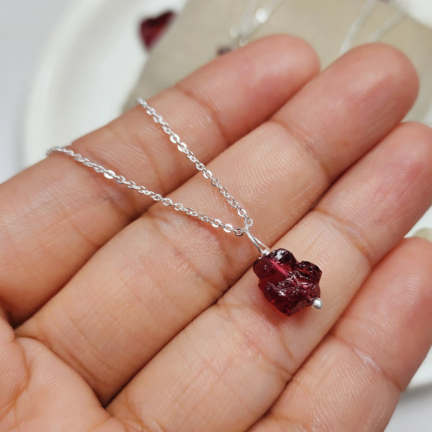 Raw Garnet Pendant Necklace, Genuine 925 Sterling Silver Jewelry, Capricorn Birthstone