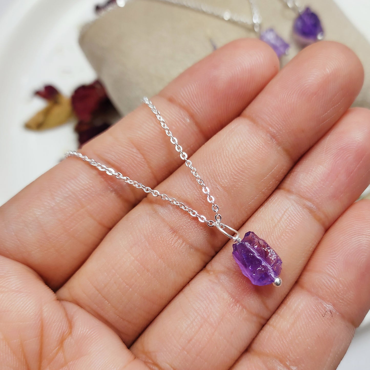 Raw Amethyst Pendant Necklace, 925 Sterling Silver Crystal Jewelry