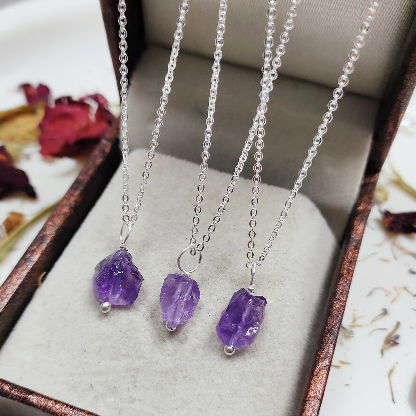 Raw Amethyst Pendant Necklace, 925 Sterling Silver Crystal Jewelry