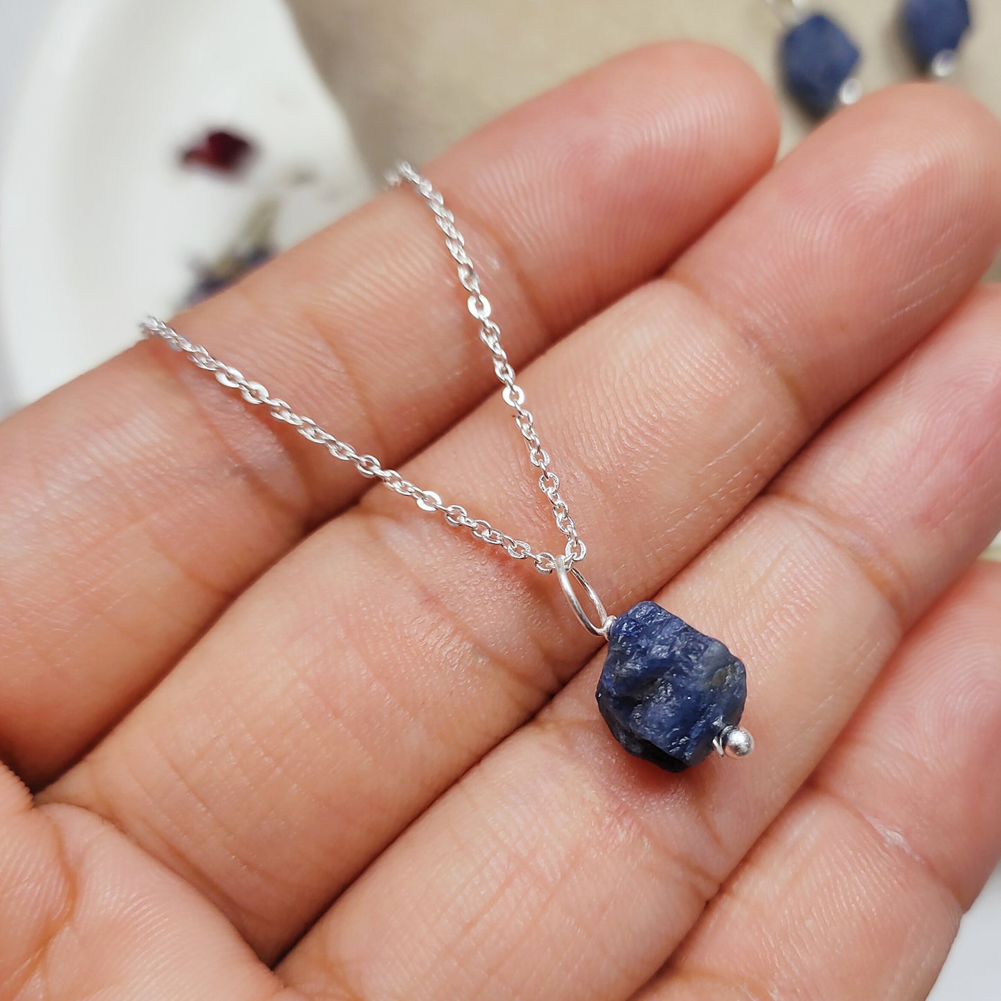 Raw Blue Sapphire Necklace, 925 Sterling Silver Pendant, September Birthstone Jewelry