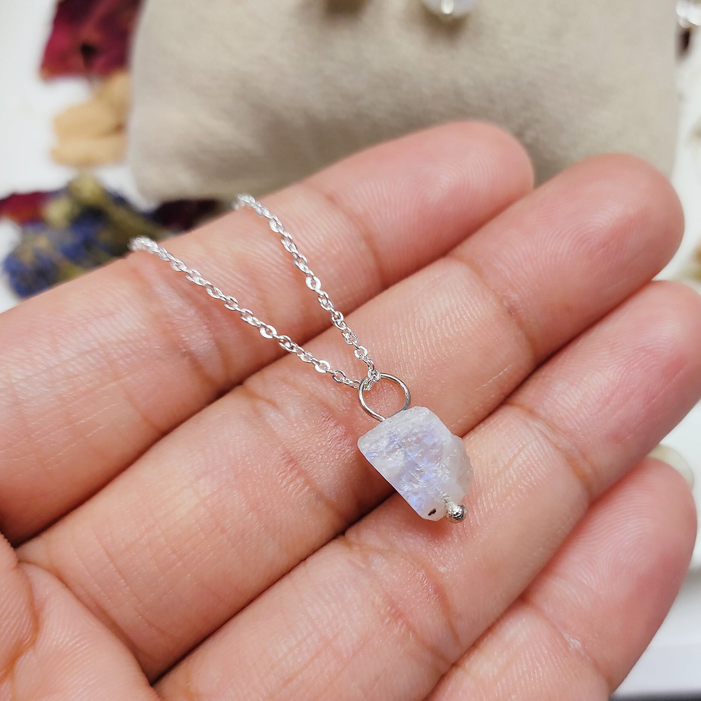 Raw Moonstone Crystal Necklace, Wire Wrapped Silver Jewelry, June Birthstone Gift