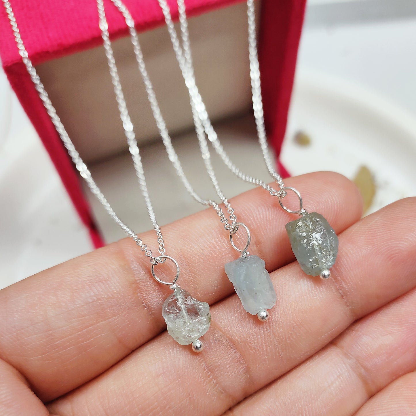 Raw Aquamarine Necklace | 925 Solid Silver | Pisces & Aries Gift